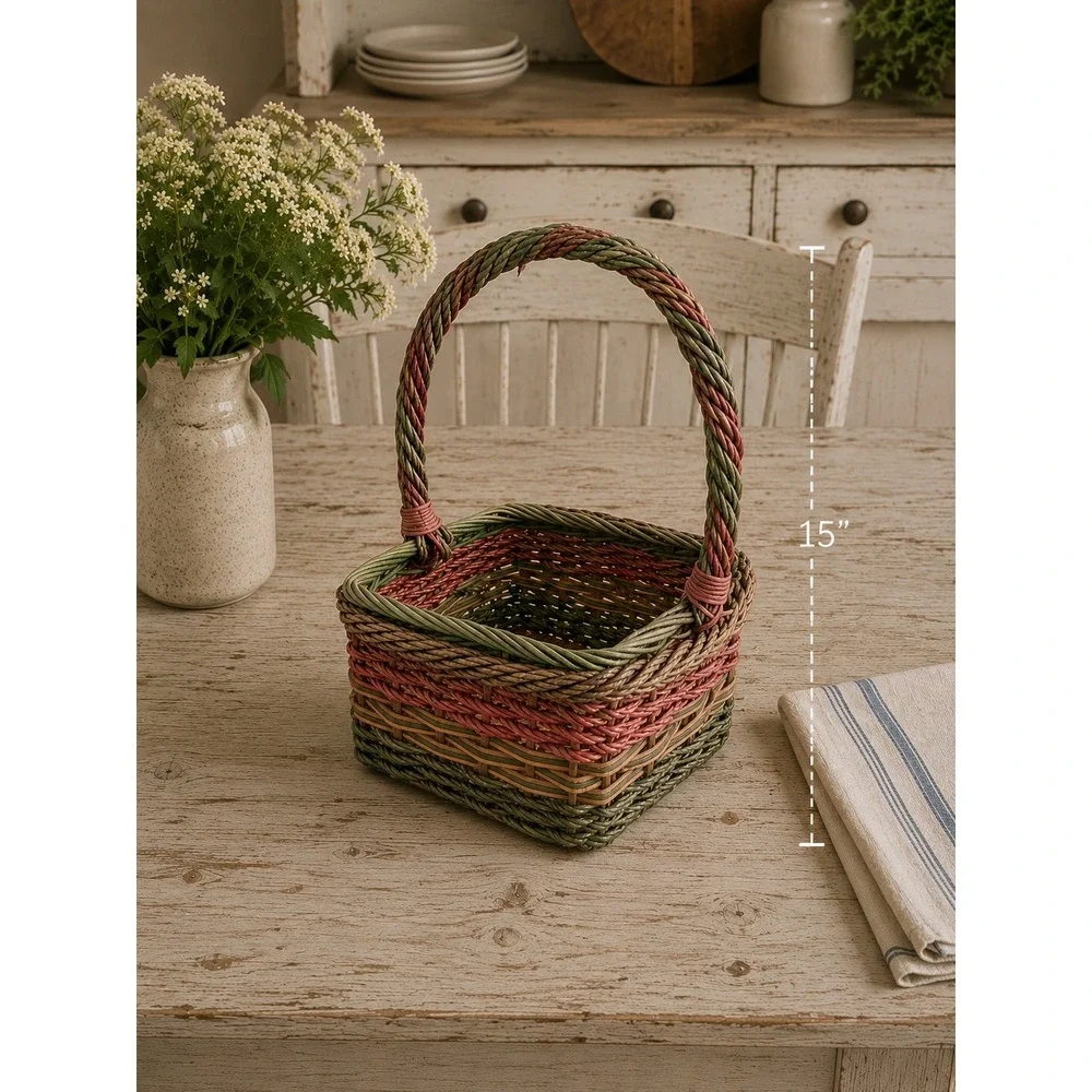 Vintage Woven Wicker Basket Square Multi Color Green Pink Brown 15x11x11